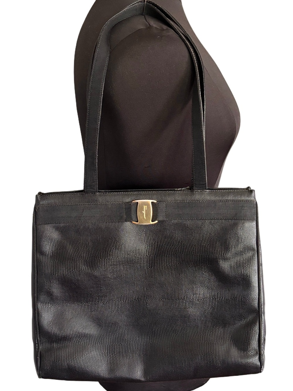 Salvatore Ferragamo Vintage Vara Tote Black Leather Lizard Embossed Italy - Picture 2 of 13